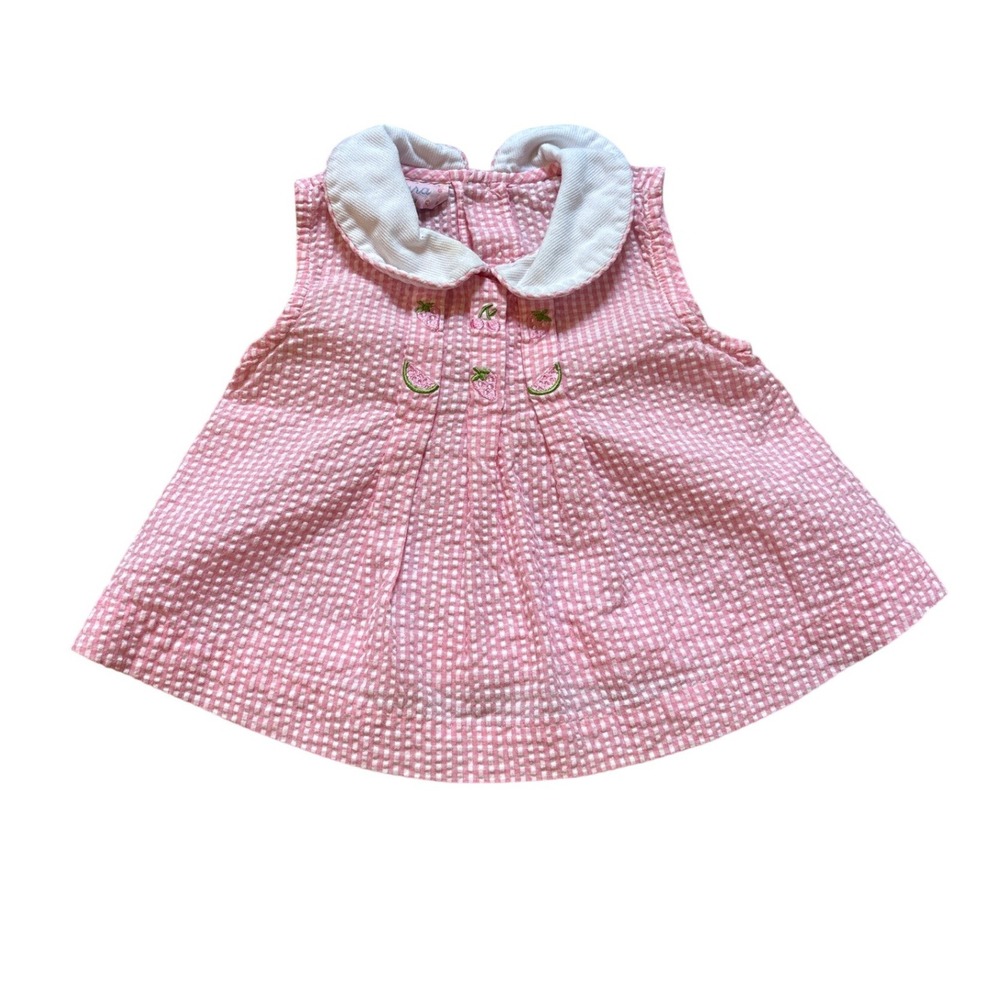 Samara Seersucker Top Kids Pink Gingham Fruit Embroidered Peter Pan‎ SIZE 24M